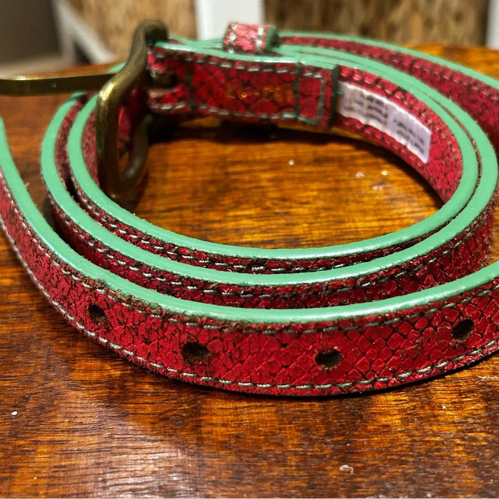 Liebeskind Berlin Coral Green Snake Embossed Leather Belt Brass Gold Buckle